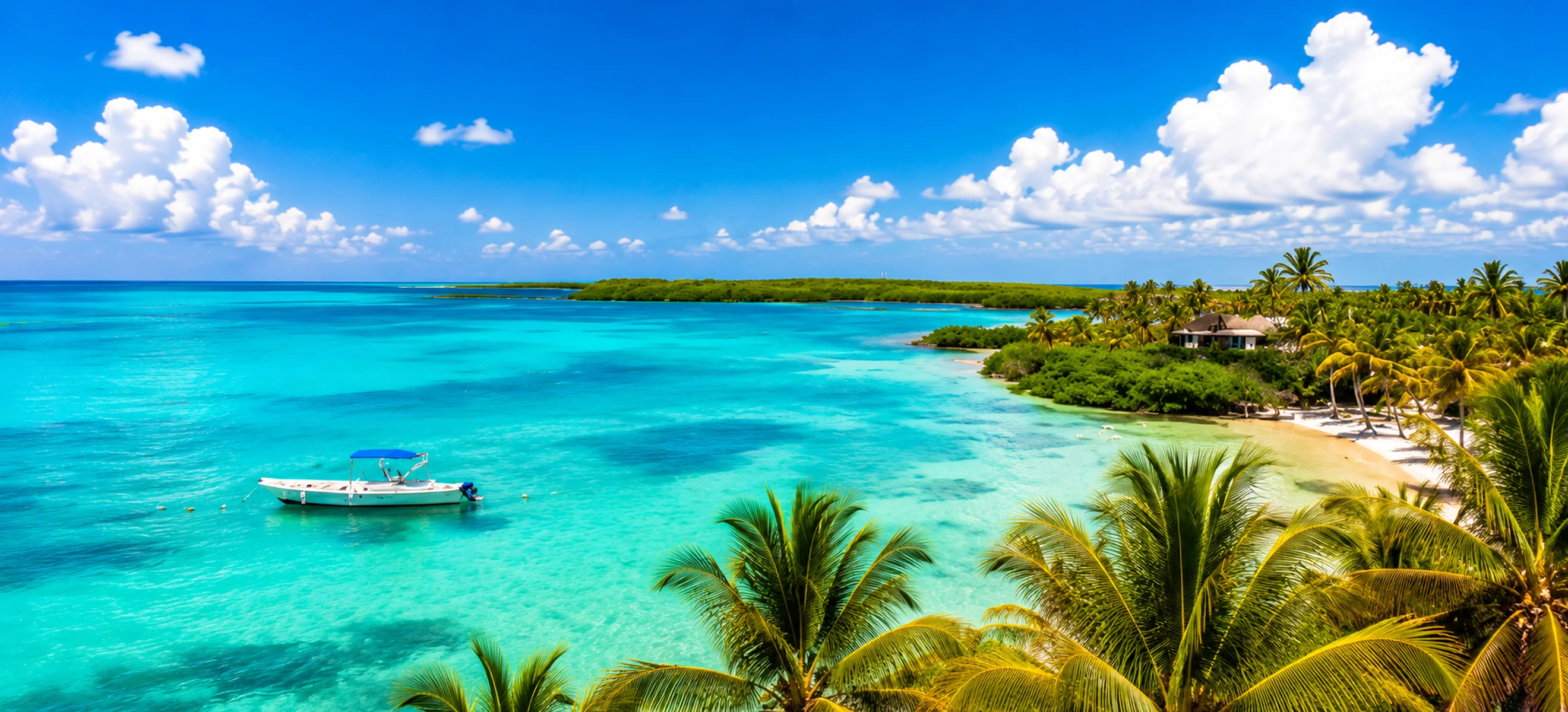 Tropical island and turquoise Caribbean water boat excursion near Cancun Mexico

Beautiful tropical island surrounded by crystal-clear turquoise Caribbean water, palm trees and a boat, showcasing an unforgettable island excursion experien
