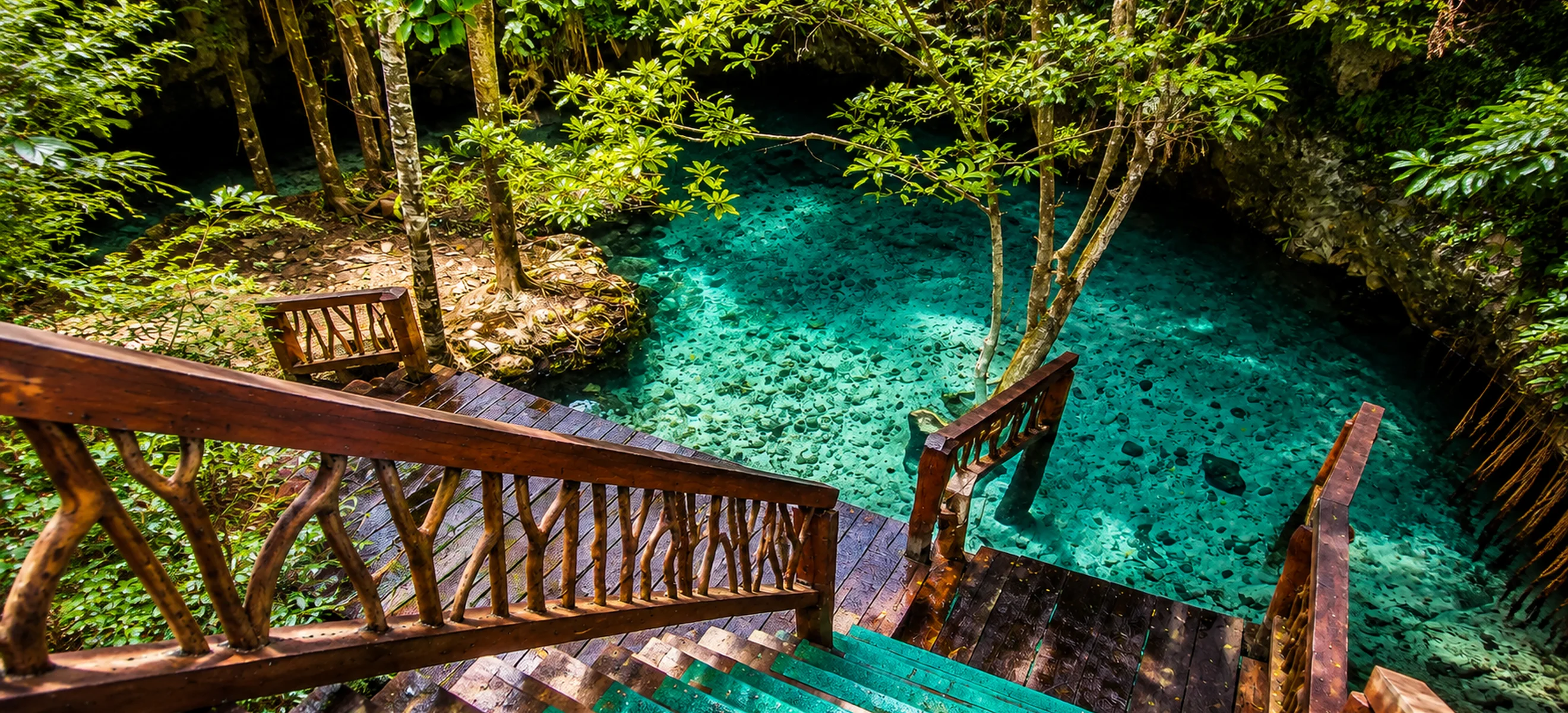 Wooden staircase leading down into a turquoise cenote near Cancun