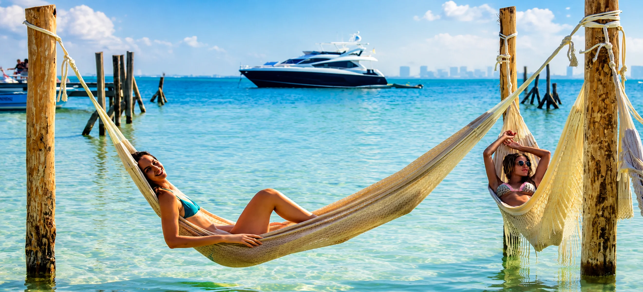 Guests relaxing in beachfront hammocks over turquoise water with a private yacht and the Cancun skyline behind them