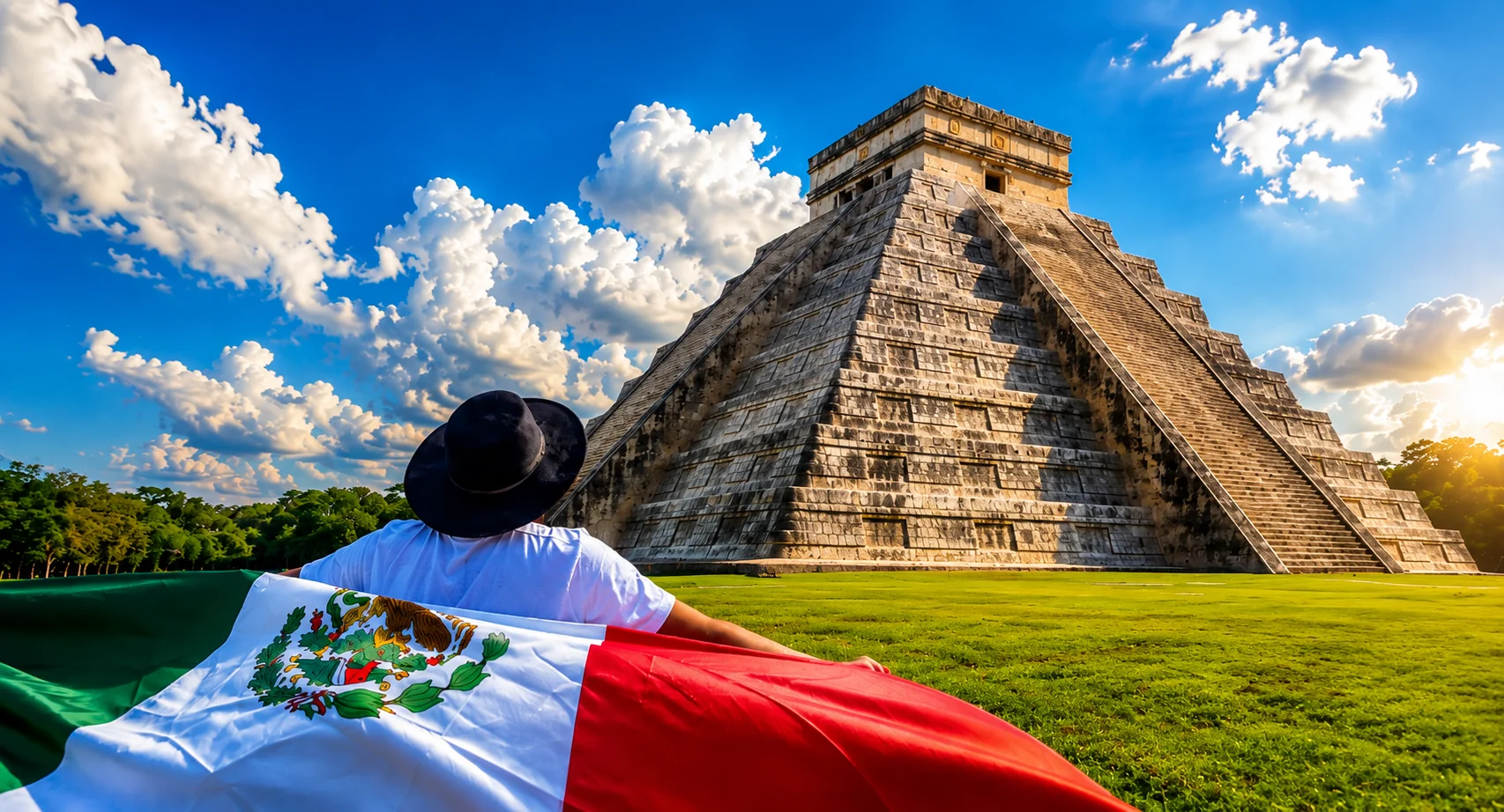 Traveler holding a Mexican flag facing the Chichen Itza pyramid on a sunny day