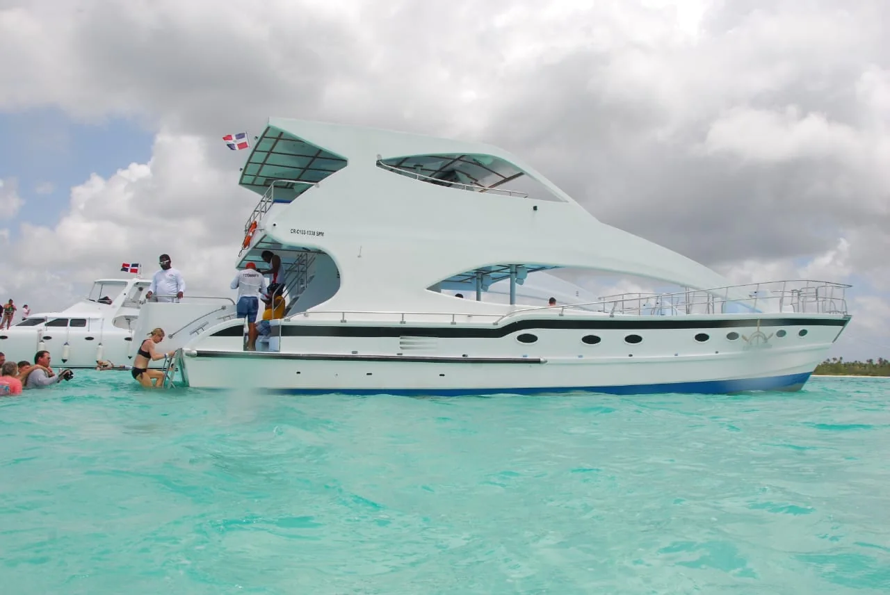Luxury private Isla Mujeres catamaran in turquoise Caribbean water near Cancun
