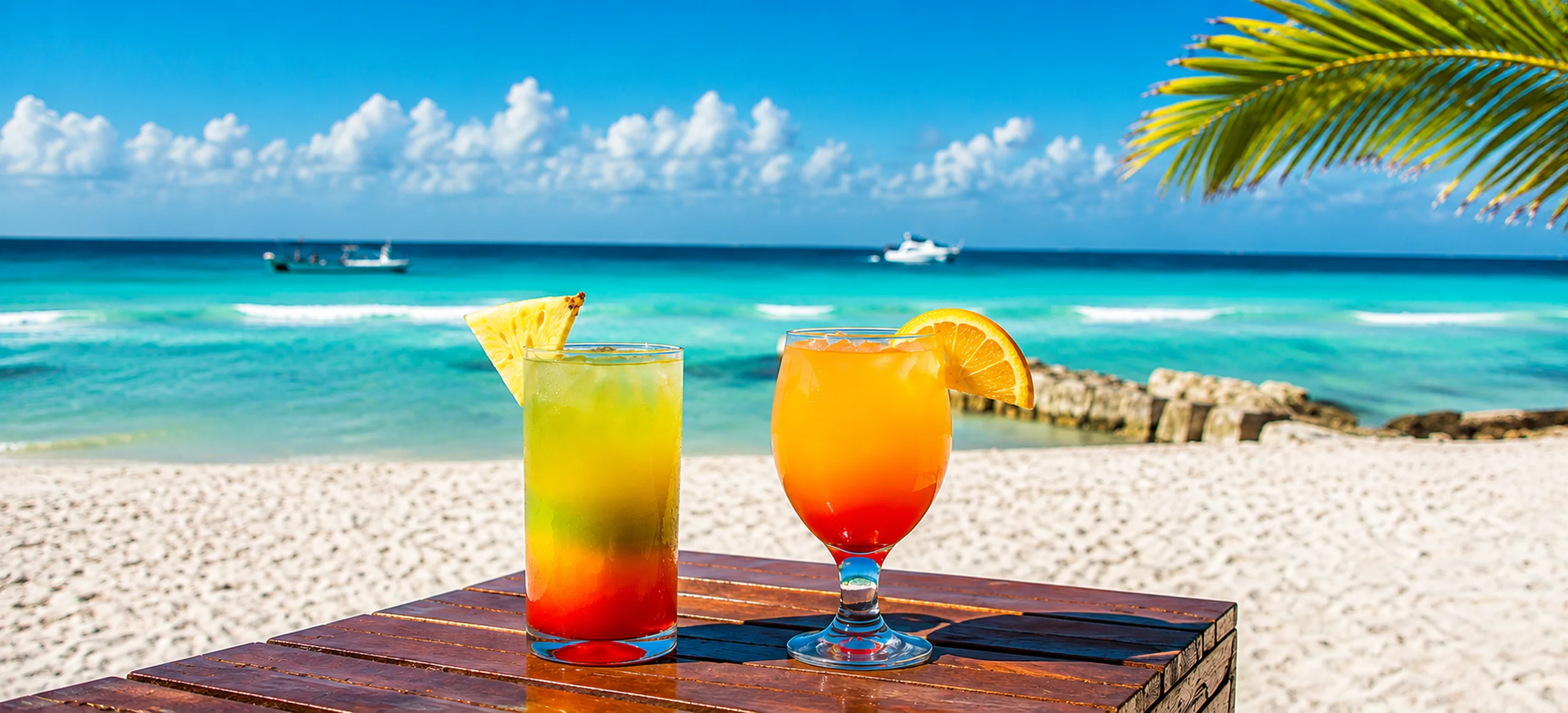 Tropical cocktails on the beach during an Isla Mujeres catamaran experience from Cancun