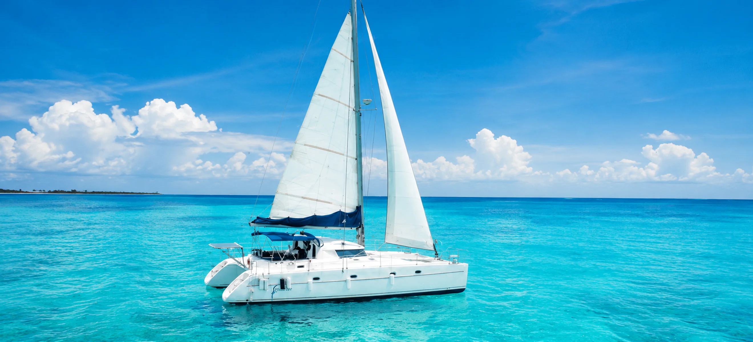 Luxury catamaran sailing on turquoise Caribbean waters near Isla Mujeres from Cancun