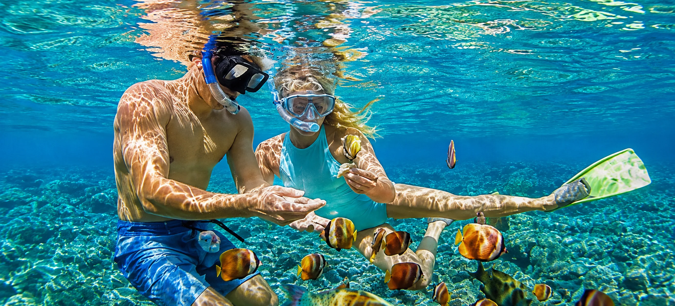 Snorkeling in Isla Mujeres with tropical fish in clear Caribbean water